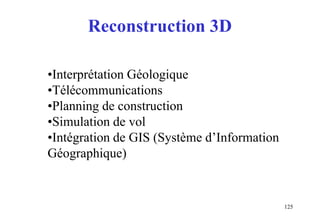 125
Reconstruction 3D
•Interprétation Géologique
•Télécommunications
•Planning de construction
•Simulation de vol
•Intégration de GIS (Système d’Information
Géographique)
 