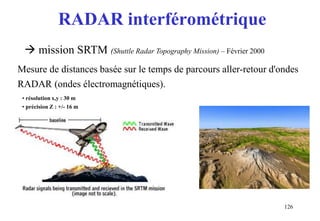 RADAR interférométrique
126
 mission SRTM (Shuttle Radar Topography Mission) – Février 2000
Mesure de distances basée sur le temps de parcours aller-retour d'ondes
RADAR (ondes électromagnétiques).
• résolution x,y : 30 m
• précision Z : +/- 16 m
 