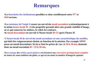 30
Remarques
•La fourchette des inclinaisons possibles se situe sensiblement entre 97° et
104°environ.
•La constance de l'angle θ assure un survol du nœud ascendant systématiquement à
la même heure locale H . Cette propriété garantit alors une grande stabilité d'image,
en ce qui concerne les ombres, le relief, les couleurs.
•le nœud descendant est survolé à l'heure locale H+12 après l'heure H
•L'heure locale H de survol du nœud ascendant est une caractéristique du satellite,
qui doit être soigneusement choisie en fonction de la mission. Par exemple SPOT
passe au nœud descendant ( là où se font les prises de vue ) à 10 h 30 mn, donnant
donc au nœud ascendant H = 22 h 30 mn.
•Un avantage des orbites quasi polaires est d'assurer une couverture pratiquement complète
de toutes les zones habitées du globe, ce qui est un atout en matière d'imagerie spatiale.
 