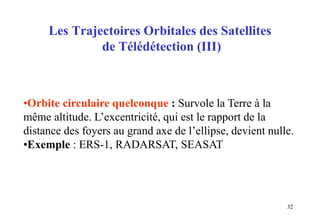 32
Les Trajectoires Orbitales des Satellites
de Télédétection (III)
•Orbite circulaire quelconque : Survole la Terre à la
même altitude. L’excentricité, qui est le rapport de la
distance des foyers au grand axe de l’ellipse, devient nulle.
•Exemple : ERS-1, RADARSAT, SEASAT
 