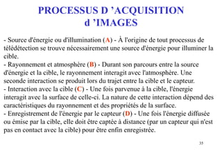 35
PROCESSUS D ’ACQUISITION
d ’IMAGES
- Source d'énergie ou d'illumination (A) - À l'origine de tout processus de
télédétection se trouve nécessairement une source d'énergie pour illuminer la
cible.
- Rayonnement et atmosphère (B) - Durant son parcours entre la source
d'énergie et la cible, le rayonnement interagit avec l'atmosphère. Une
seconde interaction se produit lors du trajet entre la cible et le capteur.
- Interaction avec la cible (C) - Une fois parvenue à la cible, l'énergie
interagit avec la surface de celle-ci. La nature de cette interaction dépend des
caractéristiques du rayonnement et des propriétés de la surface.
- Enregistrement de l'énergie par le capteur (D) - Une fois l'énergie diffusée
ou émise par la cible, elle doit être captée à distance (par un capteur qui n'est
pas en contact avec la cible) pour être enfin enregistrée.
 