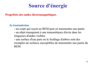 Source d'énergie
45
Propriétés des ondes électromagnétiques
la transmission
- un corps qui reçoit un REM peut en transmettre une partie
- un objet transparent à une transmittance élevée dans les
longueurs d'ondes visibles
- une surface d'eau pure ou le feuillage d'arbres sont des
exemples de surfaces susceptibles de transmettre une partie du
REM
 