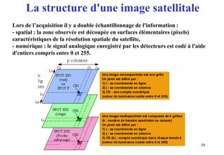 58
Lors de l’acquisition il y a double échantillonnage de l'information :
- spatial : la zone observée est découpée en surfaces élémentaires (pixels)
caractéristiques de la résolution spatiale du satellite,
- numérique : le signal analogique enregistré par les détecteurs est codé à l'aide
d'entiers compris entre 0 et 255.
La structure d'une image satellitale
 