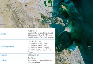69
SPOT6
N&B : 1.5 m
Couleur : 1.5 m (produit fusionné)
Multispectral (R, V, B, PIR) : 6 m
Bundle (images Pan et MS séparées)
Bandes spectrales
P : 0,45 – 0,75 µm
B1 : 0,45 – 0,52 µm (Bleu)
B2 : 0,53 – 0,59 µm (Vert)
B3 : 0,62 – 0,69 µm (Rouge)
B4 : 0,76 – 0,89 µm (proche Infra
Rouge)
Emprise 60 km x 60 km
Revisite
2 à 3 jours
1 jour avec la constellation des
satellites SPOT
 