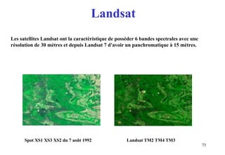 73
Les satellites Landsat ont la caractéristique de posséder 6 bandes spectrales avec une
résolution de 30 mètres et depuis Landsat 7 d'avoir un panchromatique à 15 mètres.
Landsat TM2 TM4 TM3Spot XS1 XS3 XS2 du 7 août 1992
Landsat
 