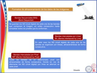 Formatos de almacenamiento de los datos de las imágenes


      Bandas Secuenciales BSQ
         (Band Sequential)

Se guardan los ND (nivel digital) de cada una de las bandas
que componen la imagen, en orden consecutivo hasta
completar todos los píxeles que la conforman.



                                                     Bandas intercaladas por Línea
                                                     BIL (Bands Interleaved by Line)

                              En este caso los ND (nivel digital) de cada una de las
                              bandas se organizan por líneas, almacenándose de forma
                              consecutiva.



      Bandas intercaladas por Píxel
    BIP (Bands Interleaved by Pixel)
Todas las bandas de un determinado píxel son
almacenadas de forma consecutiva. Donde en vez de
alternarse los ND (nivel digital) por línea se alternan en
cada píxel.
                                                                           Eduardo
 