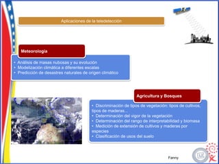 Aplicaciones de la teledetección




   Meteorología

• Análisis de masas nubosas y su evolución
• Modelización climática a diferentes escalas
• Predicción de desastres naturales de origen climático




                                                                 Agricultura y Bosques

                                         • Discriminación de tipos de vegetación: tipos de cultivos,
                                         tipos de maderas...
                                         • Determinación del vigor de la vegetación
                                         • Determinación del rango de interpretabilidad y biomasa
                                         • Medición de extensión de cultivos y maderas por
                                         especies
                                         • Clasificación de usos del suelo




                                                                                  Fanny
 