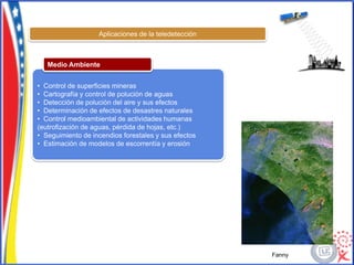 Aplicaciones de la teledetección



   Medio Ambiente


• Control de superficies mineras
• Cartografía y control de polución de aguas
• Detección de polución del aire y sus efectos
• Determinación de efectos de desastres naturales
• Control medioambiental de actividades humanas
(eutrofización de aguas, pérdida de hojas, etc.)
• Seguimiento de incendios forestales y sus efectos
• Estimación de modelos de escorrentía y erosión




                                                      Fanny
 