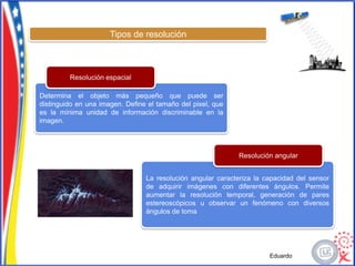 Tipos de resolución



         Resolución espacial

Determina el objeto más pequeño que puede ser
distinguido en una imagen. Define el tamaño del pixel, que
es la mínima unidad de información discriminable en la
imagen.




                                                             Resolución angular


                                 La resolución angular caracteriza la capacidad del sensor
                                 de adquirir imágenes con diferentes ángulos. Permite
                                 aumentar la resolución temporal, generación de pares
                                 estereoscópicos u observar un fenómeno con diversos
                                 ángulos de toma




                                                                       Eduardo
 