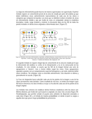 La etapa de entrenamiento puede hacerse de manera supervisada o no supervisada. El primer
método requiere un conocimiento previo de la zona de estudio por parte del analista ya que
deben delimitarse áreas suficientemente representativas de cada una de las clases o
categorías que componen la leyenda. Las áreas que se delimiten reciben el nombre de áreas
de entrenamiento, debido a que por medio de estas en computador calcula la estadística
descriptiva: media, rango (máximo y mínimo), la desviación típica de los ND de todos los
píxeles incluidos en dichas áreas asignadas a determinada clase. (Figura 27)
Figura 26. Relaciones entre clases informacionales y espectrales. a) Relación Biunívoca, situación ideal. b) Una clase real a varias clases
espectrales. c) Varias clases reales a una espectral. d) Varias clases informacionales a varias clases espectrales.
Chuvieco, E. Teledetección Ambiental. 2002. Adaptación: CIAT
El segundo método no requiere ningún tipo de conocimiento de la zona de estudio por lo que
la intervención del analista se centra en la interpretación y no en la consecución de los
resultados. En este método, se asume que los ND de la imagen forman una serie de
agrupaciones o “clusters”, mas o menos nítidos según los casos. Estas agrupaciones
equivalen a píxeles con un comportamiento espectral homogéneo y, por tanto, deberían definir
clases temáticas. Sin embargo, como se describió anteriormente, esta situación es idónea y
generalmente no sucede. (Figura 28)
La Fase de Asignación busca adscribir cada uno de los píxeles de la imagen a una de las
clases previamente seleccionadas. Como resultado de esta fase, se tendrá una imagen cuyos
ND hacen referencia a la clase temática a la que se ha adscrito cada uno de los píxeles de la
imagen original.
Los métodos más comunes de establecer dichas fronteras estadísticas entre las clases son:
Mínima distancia, por medio del cual el píxel es asignado a la clase más cercana (Figura 29);
Paralelepípedos, que permite señalar al usuario unos umbrales de dispersión asociados a
cada clase (Figura 30); y el método de máxima probabilidad, en donde el píxel se asigna a
aquella clase que posee mayor probabilidad de pertenencia.
1 2 3 4 5 1 2 3 4 5
1 2 3 4 5 1 2 3 4 5
a) b)
c) d)
Clases
informacionales o
reales
Clases
Espectrales
 