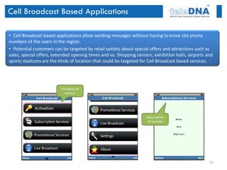 Cell Broadcast Based Applications

• Cell Broadcast based applications allow sending messages without having to know the phone
numbers of the users in the region.
• Potential customers can be targeted by retail outlets about special offers and attractions such as
sales, special offers, extended opening times and so. Shopping centers, exhibition halls, airports and
sports stadiums are the kinds of location that could be targeted for Cell Broadcast based services.




                          Activation of
                            service




                                                                    Subscription
                                                                     of services




                                                                                                    52
 