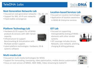 TeleDNA Labs
Next Generation Networks Lab                           Location-based Services Lab
• Focused on next generation networks – 3G, 4G, LTE
                                                       • Focused on Location technologies
• Support for IMS, all-IP core networks
                                                       • Application of location awareness
• Fixed mobile convergence
                                                        in MVAS & Enterprise services



Platform Technology Lab                                IOT Lab
• Hardware & OS support for all MVAS                   • Focused on supporting
 products & services with 100+ Server                   Interoperability testing of MVAS
 capacity.                                              elements with other vendor
• Infrastructure to support                             systems
 Benchmarking & Virtualization with                    • IOT coverage includes Access
 Multiple vendor support.                               Network, core network, witching,
• Latest platform technologies -hardware, OS &          charging & billing gateways
 systems software


Multi-media Lab
• Focused on multi-media technologies for MVAS
• Support for transcoding, translating, video optimization, mobile device customization
• Focus on next version of MMSC, WAP, WBG, Video streaming & mobileTV
                                                                                             6
 