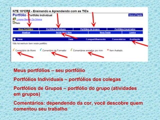 Meus portfólios – seu portfólio
Portfólios Individuais – portfólios dos colegas
Portfólios de Grupos – portfólio do grupo (atividades
em grupos)
Comentários: dependendo da cor, você descobre quem
comentou seu trabalho
 