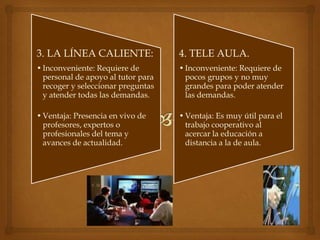 3. LA LÍNEA CALIENTE:               4. TELE AULA.
• Inconveniente: Requiere de        • Inconveniente: Requiere de
  personal de apoyo al tutor para     pocos grupos y no muy
  recoger y seleccionar preguntas     grandes para poder atender
  y atender todas las demandas.       las demandas.

• Ventaja: Presencia en vivo de     • Ventaja: Es muy útil para el
  profesores, expertos o              trabajo cooperativo al
  profesionales del tema y            acercar la educación a
  avances de actualidad.              distancia a la de aula.
 