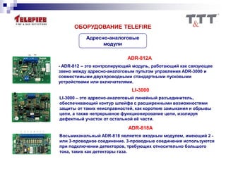 Адресно-аналоговые
модули
ОБОРУДОВАНИЕ TELEFIRE
ADR-812A
- ADR-812 – это контролирующий модуль, работающий как связующее
звено между адресно-аналоговым пультом управления ADR-3000 и
совместимыми двухпроводными стандартными пусковыми
устройствами или включателями.
LI-3000
LI-3000 – это адресно-аналоговый линейный разъединитель,
обеспечивающий контур шлейфа с расширенными возможностями
защиты от таких неисправностей, как короткие замыкания и обрывы
цепи, а также непрерывное функционирование цепи, изолируя
дефектный участок от остальной её части.
ADR-818A
Восьмиканальный ADR-818 является входным модулем, имеющий 2 -
или 3-проводное соединение. 3-проводные соединения используются
при подключении детекторов, требующих относительно большого
тока, таких как детекторы газа.
 