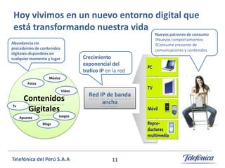 Hoy vivimos en un nuevo entorno digital que
está transformando nuestra vida

Nuevos patrones de consumo

Nuevos comportamientos

Consumo creciente de
comunicaciones y contenidos

Abundancia sin
precedentes de contenidos
digitales disponibles en
cualquier momento y lugar

Crecimiento
exponencial del
trafico IP en la red

Música
Fotos

Video

Tv

Contenidos
Gigitales

Red IP de banda
ancha

Juegos

Apuesta
Blogs

Telefónica del Perú S.A.A

11

 