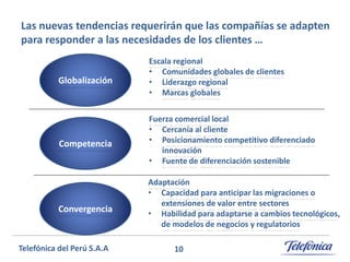 Las nuevas tendencias requerirán que las compañías se adapten
para responder a las necesidades de los clientes …

Globalización

Escala regional
• Comunidades globales de clientes
• Liderazgo regional
• Marcas globales

Competencia

Fuerza comercial local
• Cercanía al cliente
• Posicionamiento competitivo diferenciado
innovación
• Fuente de diferenciación sostenible

Convergencia

Telefónica del Perú S.A.A

Adaptación
• Capacidad para anticipar las migraciones o
extensiones de valor entre sectores
• Habilidad para adaptarse a cambios tecnológicos,
de modelos de negocios y regulatorios
10

 