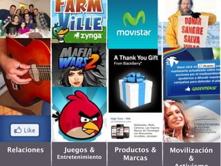 Relaciones          Juegos &        Productos &   Movilización
             14
                  Entretenimiento     Marcas           &
 