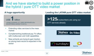 And we have started to build a power position in
           the hybrid / pure OTT video market
       A huge opportunity                                      Leading the LATAM pure OTT video market


            US$      1    billion                               >125k subscribers are using our
               LATAM & EUROPE OTT VIDEO REVENUES (Exc           OTT services already
               ADVERTISING) MARKET IN 2015 #


                  Extending video services to the mass
                   market
                  Complementing traditional pay TV offers
                   with multiscreen and VoD capabilities
                  New entrants are trying to gain traction
                   so strong track record is expected in the
                   sector



Sources:   # PWC

                                                               22
 