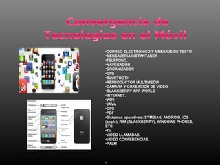 •CORREO ELECTRONICO Y MNESAJE DE TEXTO.
•MENSAJERIA INSTANTÁNEA
•TELÉFONO.
•NAVEGADOR
•ORGANIZADOR
•GPS
•BLUETOOTH
•REPRODUCTOR MULTIMEDIA
•CAMARA Y GRABACIÓN DE VIDEO
•BLACKBERRY APP WORLD
•INTERNET.
•WIFI
•JAVA
•GPS
•PDF
•Sistemas operativos: SYMBIAN, ANDROID, iOS
(apple), RIM (BLACKBERRY), WINDOWS PHONES,
ETC.
•TV
•VIDEO LLAMADAS.
•VIDEO CONFERENCIAS.
•PALM



.
 