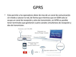 GPRS
• Esto permite a los operadores dotar de mas de un canal de comunicación
  sin miedo a saturar la red, de forma que mientras que en GSM solo se
  ocupa un canal de recepción y otro de transmisión, en GPRS es posible
  tener terminales que gestionen cuatro canales simultáneos de recepción y
  dos de transmision.
 