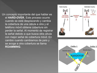 Un concepto importante del que hablar es 
el HARD-OVER. Este proceso ocurre 
cuando se está desplazando y cambia 
la cobertura de una célula a otra y el 
teléfono móvil obtiene cobertura sin 
perder la señal. Al momento de registrar 
la señal debido a que busca otra célula 
con mejor señal de cobertura móvil. En 
cambio cuando cambiamos de país y 
se acoge a otra cobertura se llama 
ROAMMING. 
 