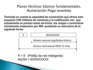 Número nacional (significativo ficticio)
Número Internacional RDSI 10 cifras
9 8XXXXXXXX
P = 9 (Prefijo de red inteligente)
N(sf)N = 8XXXXXXXX
Planes técnicos básicos fundamentales.
Numeración Pago revertido
Teniendo en cuenta la capacidad de numeración que ofrece este
esquema (100 millones de números) y la codificación con que
actualmente se prestan estos servicios, los rangos a suministrar
inicialmente empezarán por 800, quedando su estructura de la
siguiente forma
 