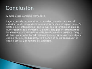  Julio César Camacho Hernández
La jerarquía de red nos sirve para poder comunicarnos con el
exterior donde nos podemos comunicar desde una región pequeña
hasta a nivel internacional, con lo cual se usa también un plan de
numeración el cual contiene 10 dígitos para poder comunicarnos
localmente y nacionalmente cada estado tiene su prefijo y código
de área, para poder hacerlo internacionalmente se usa un prefijo ,el
código nación, condigo del área a donde se desea comunicar, el
código central y el numero del abonado.
 