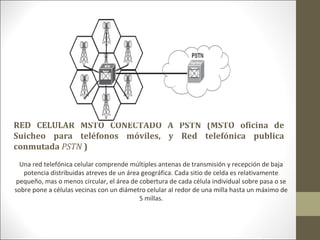 RED CELULAR MSTO CONECTADO A PSTN (MSTO oficina de
Suicheo para teléfonos móviles, y Red telefónica publica
conmutada PSTN )
Una red telefónica celular comprende múltiples antenas de transmisión y recepción de baja
potencia distribuidas atreves de un área geográfica. Cada sitio de celda es relativamente
pequeño, mas o menos circular, el área de cobertura de cada célula individual sobre pasa o se
sobre pone a células vecinas con un diámetro celular al redor de una milla hasta un máximo de
5 millas.
 