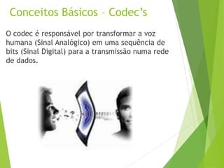 Conceitos Básicos – Codec’s
O codec é responsável por transformar a voz
humana (Sinal Analógico) em uma sequência de
bits (Sinal Digital) para a transmissão numa rede
de dados.
 