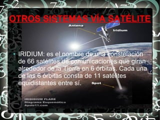 OTROS SISTEMAS VÍA SATÉLITE

●

IRIDIUM: es el nombre de una constelación
de 66 satélites de comunicaciones que giran
alrededor de la Tierra en 6 órbitas. Cada una
de las 6 órbitas consta de 11 satélites
equidistantes entre sí.

 