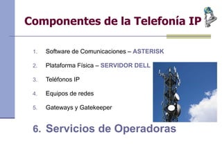Componentes de la Telefonía IP
1. Software de Comunicaciones – ASTERISK
2. Plataforma Física – SERVIDOR DELL
3. Teléfonos IP
4. Equipos de redes
5. Gateways y Gatekeeper
6. Servicios de Operadoras
 