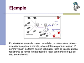 Ejemplo
Podrán conectarse a la nueva central de comunicaciones nuevas
extensiones de forma remota, o bien dotar a alguna extensión IP
de “movilidad”, de forma que un trabajador fuera de la sede pueda
registrarse de forma remota desde el lugar del mundo en que se
encuentre ubicado.
 