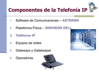 Componentes de la Telefonía IP
1. Software de Comunicaciones – ASTERISK
2. Plataforma Física – SERVIDOR DELL
3. Teléfonos IP
4. Equipos de redes
5. Gateways y Gatekeeper
6. Operadoras
 