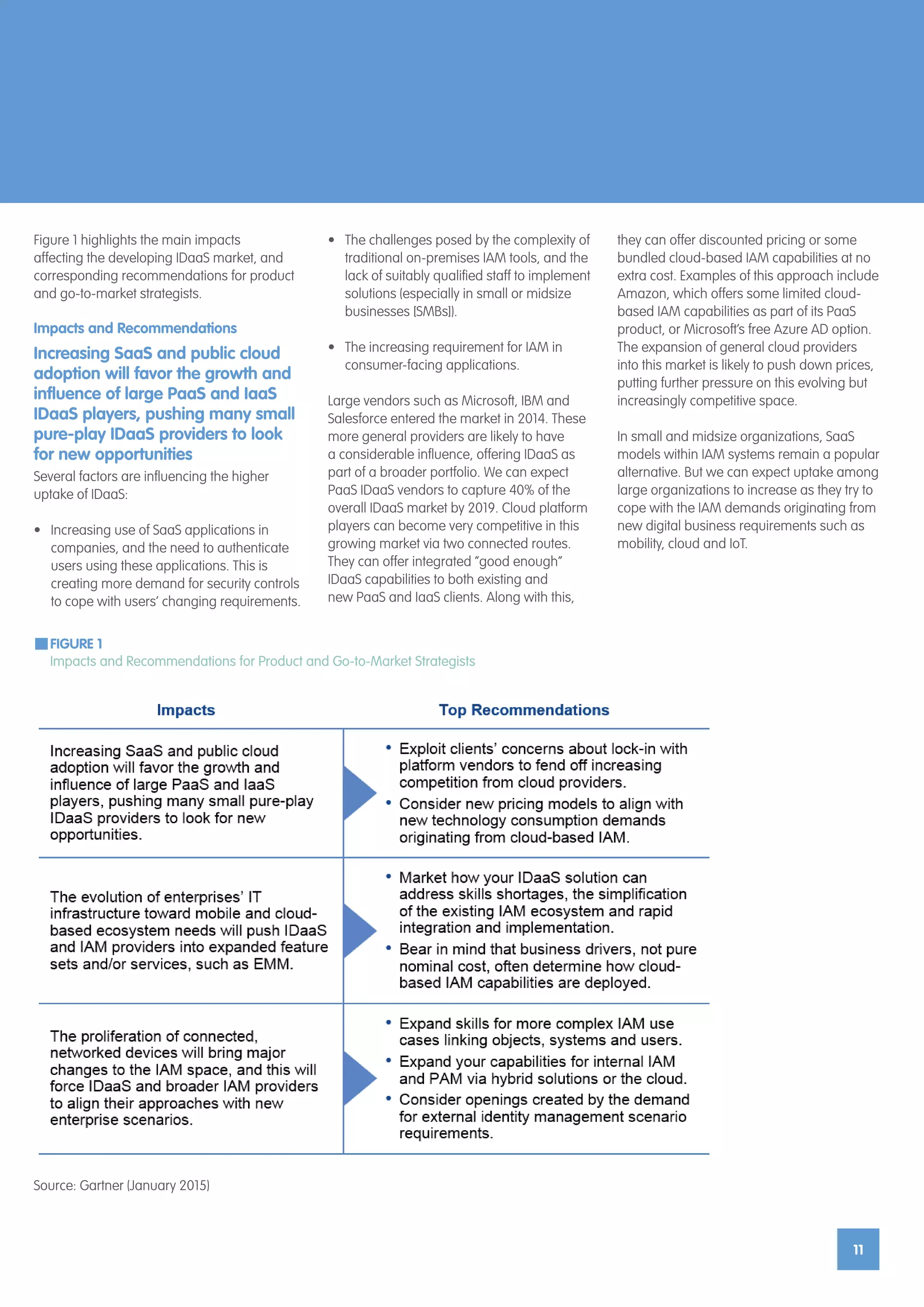 11
11
Figure 1 highlights the main impacts
affecting the developing IDaaS market, and
corresponding recommendations for product
and go-to-market strategists.
Impacts and Recommendations
Increasing SaaS and public cloud
adoption will favor the growth and
influence of large PaaS and IaaS
IDaaS players, pushing many small
pure-play IDaaS providers to look
for new opportunities
Several factors are influencing the higher
uptake of IDaaS:
•	 Increasing use of SaaS applications in
companies, and the need to authenticate
users using these applications. This is
creating more demand for security controls
to cope with users’ changing requirements.
•	 The challenges posed by the complexity of
traditional on-premises IAM tools, and the
lack of suitably qualified staff to implement
solutions (especially in small or midsize
businesses [SMBs]).
•	 The increasing requirement for IAM in
consumer-facing applications.
Large vendors such as Microsoft, IBM and
Salesforce entered the market in 2014. These
more general providers are likely to have
a considerable influence, offering IDaaS as
part of a broader portfolio. We can expect
PaaS IDaaS vendors to capture 40% of the
overall IDaaS market by 2019. Cloud platform
players can become very competitive in this
growing market via two connected routes.
They can offer integrated “good enough”
IDaaS capabilities to both existing and
new PaaS and IaaS clients. Along with this,
they can offer discounted pricing or some
bundled cloud-based IAM capabilities at no
extra cost. Examples of this approach include
Amazon, which offers some limited cloud-
based IAM capabilities as part of its PaaS
product, or Microsoft’s free Azure AD option.
The expansion of general cloud providers
into this market is likely to push down prices,
putting further pressure on this evolving but
increasingly competitive space.
In small and midsize organizations, SaaS
models within IAM systems remain a popular
alternative. But we can expect uptake among
large organizations to increase as they try to
cope with the IAM demands originating from
new digital business requirements such as
mobility, cloud and IoT.
Source: Gartner (January 2015)
FIGURE 1
Impacts and Recommendations for Product and Go-to-Market Strategists
 