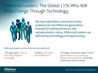 Learn more at telefonica.com/millennials
Millennial Leaders: The Global 11% Who Will
Drive Change Through Technology
We have identified a new kind of elite
audience for the Millennial generation.
Instead of traditional metrics like
socioeconomic status, Millennial Leaders are
defined by technology and opportunity.
49	
  
Millennial Leaders are found at the intersection of:
“Strongly / Somewhat Agree” I have
opportunities in my country to
become an entrepreneur or develop
and bring an idea to market
“Strongly Agree” I am on
the cutting-edge of
technology
“I believe I can make
a local difference”
 