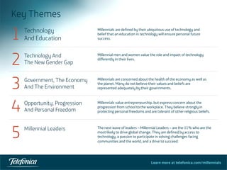 Learn more at telefonica.com/millennials
Key Themes
5	
  
1 Technology
And Education
Millennials are defined by their ubiquitous use of technology and
belief that an education in technology will ensure personal future
success.
2 Technology And
The New Gender Gap
Government, The Economy
And The Environment
Opportunity, Progression
And Personal Freedom
Millennial Leaders
3
4
5
Millennial men and women value the role and impact of technology
differently in their lives.
Millennials are concerned about the health of the economy as well as
the planet. Many do not believe their values and beliefs are
represented adequately by their governments.
Millennials value entrepreneurship, but express concern about the
progression from school to the workplace. They believe strongly in
protecting personal freedoms and are tolerant of other religious beliefs.
The next wave of leaders – Millennial Leaders – are the 11% who are the
most likely to drive global change. They are defined by access to
technology, a passion to participate in solving challenges facing
communities and the world, and a drive to succeed.
 