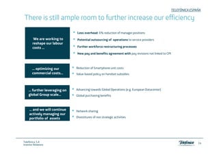 TELEFÓNICA ESPAÑA

 There is still ample room to further increase our efficiency
                              Less overhead: 6% reduction of manager positions
         We are working to    Potential outsourcing of operations to service providers
        reshape our labour
           h        l b
        costs …               Further workforce restructuring processes

                              New pay and benefits agreement with pay revisions not linked to CPI



       … optimizing our       Reduction of Smartphone unit costs
       commercial costs…      Value-based policy on handset subsidies




    … further leveraging on   Advancing towards Global Operations (e.g. European Datacenter)
    global Group scale…
                 scale        Global purchasing benefits



     … and we will continue   Network sharing
                                            g
     actively managing our
        i l          i
     portfolio of assets      Divestitures of non strategic activities




Telefónica, S.A
                                                                                                                   14
Investor Relations
 