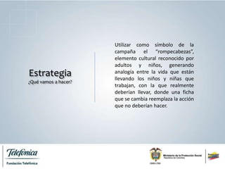Estrategia
¿Qué vamos a hacer?
Utilizar como símbolo de la
campaña el “rompecabezas”,
elemento cultural reconocido por
adultos y niños, generando
analogía entre la vida que están
llevando los niños y niñas que
trabajan, con la que realmente
deberían llevar, donde una ficha
que se cambia reemplaza la acción
que no deberían hacer.
 