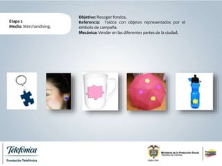 Etapa 2
Medio: Merchandising.
Objetivo: Recoger fondos.
Referencia: Toldos con objetos representados por el
símbolo de campaña.
Mecánica: Vender en las diferentes partes de la ciudad.
 