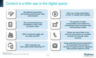 Content is a killer app in the digital space

                                                   Broadband penetration
                                                                                           There is a rising expectation
                                                and speed growth boost video
                                                                                          of Pay TV quality and usability
                                                        consumption


                                                                                               The growth of video
                                                       7Bn connected devices
                                                                                           consumption over Internet is
                                                       worldwide in 2015, able
                                                                                         reshaping content windows map
                                                          to stream video*
                                                                                              and business model

                                                                                            Telcos are more likely to be
                                                    >80% of internet traffic will         seen by consumers as a trusted
                                                        be video by 2015*                    provider for internet video
                                                                                                      services


                                                                                        Huge potential but low penetration
                                                      80% of people use                     of connected TVs provide a
                                               their tablet while watching TV**         window of opportunity for operators
                                                                                            with services based on STB

* White Paper Cisco 2011,
** Nielsen Q4 2012 poll of mobile users in the US, UK, Germany & Italy
                                                                                    2
 