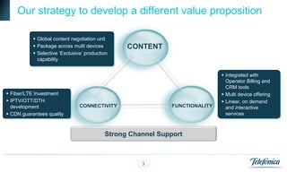 Our strategy to develop a different value proposition

            Global content negotiation unit
            Package across multi devices        CONTENT
            Selective ‘Exclusive’ production
             capability


                                                                               Integrated with
                                                                                Operator Billing and
                                                                                CRM tools
 Fiber/LTE Investment                                                         Multi device offering
 IPTV/OTT/DTH                                                                 Linear, on demand
  development                   CONNECTIVITY                  FUNCTIONALITY     and interactive
 CDN guarantees quality                                                        services



                                           Strong Channel Support



                                                     3
 