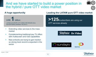 And we have started to build a power position in
           the hybrid / pure OTT video market
       A huge opportunity                                      Leading the LATAM pure OTT video market


            US$      1    billion                               >125k subscribers are using our
               LATAM & EUROPE OTT VIDEO REVENUES (Exc           OTT services already
               ADVERTISING) MARKET IN 2015 #


                  Extending video services to the mass
                   market
                  Complementing traditional pay TV offers
                   with multiscreen and VoD capabilities
                  New entrants are trying to gain traction
                   so strong track record is expected in the
                   sector



Sources:   # PWC

                                                               6
 