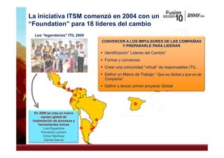 La iniciativa ITSM comenzó en 2004 con un
“Foundation” para 18 líderes del cambio
 Foundation
  Los “legendarios” ITIL 2004
                                CONVENCER A LOS IMPULSORES DE LAS COMPAÑIAS
                                        Y PREPARARLE PARA LIDERAR
                                 Identificación” Lideres del Cambio”
                                 Formar y convencer
                                 Crear una comunidad “virtual” de responsables ITIL.
                                 Definir un Marco de Trabajo “ Que es Global y que es de
                                  Compañía
                                  Compañía”
                                 Definir y lanzar primer proyecto Global




  En 2009 se crea un nuevo
      equipo global de
 implantación de procesos y
    herramientas únicas
       Luis Espartosa
      Fernando Lamero
       Víctor Martinez
        Daniel García
 
