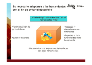 Es necesario adaptarse a las herramientas
con el fin de evitar el desarrollo

                        Una estrategia “out-of-the-box” en las
                                        out-of-the-box
                                 herramientas ITSM


•Parametrización del                                       •Procesos IT
producto base                                              alienados con los
                                                           estándares
                                                            •Importancia de la
•Evitar el desarrollo                                       funcionalidad de la
                                                            herramienta



                    •Necesidad de una arquitectura de interfaces
                              con otras herramientas
 
