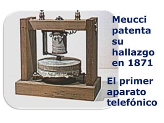 Meucci
 patenta
 su
 hallazgo
 en 1871
El primer
aparato
telefónico
 