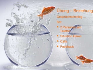 1
Übung – Beziehung
Gesprächseinstieg ...
Set:
 2 Personen am
Telefon
 Situation klären
 Calls
 Feedback
 