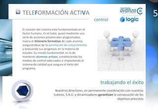 trabajando el éxito
control
Nuestros directores, en permanente coordinación con nuestros
tutores, S.A.U. y dinamizadores garantizan la consecución de los
objetivos previstos
TELEFORMACIÓN ACTIVA
El corazón del sistema esta fundamentado en el
factor humano. Es el tutor, quien mediante una
serie de acciones presenciales programadas,
marca el itinerario formativo de cada alumno,
asegurándose de la asimilación de conocimientos
y evaluando sus progresos en la materia de
estudio. Su misión fundamental, es la de
mantener alumnos activos, estableciendo los
medios de control adecuados e implantando el
sistema de calidad que asegura el éxito del
programa.
5
 