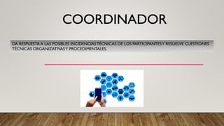COORDINADOR
DA RESPUESTA A LAS POSIBLES INCIDENCIASTÉCNICAS DE LOS PARTICIPANTESY RESUELVE CUESTIONES
TÉCNICAS ORGANIZATIVASY PROCEDIMENTALES.
 