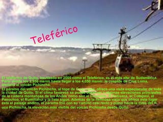 El teleférico de Quito, bautizado en 2005 como el Teleférico, es el más alto de Sudamérica.
Parte desde los 2,950 msnm hasta llegar a los 4,050 msnm: la cúspide de Cruz Loma,
aledaña al volcán Pichincha.
El páramo del volcán Pichincha, al tope de Cruz Loma, ofrece una vista espectacular de toda
la ciudad de Quito. Si el clima favorece se puede observar a algunas elevaciones principales
de la cadena montañosa de los Andes como son el Cayambe, el Antisana, el Cotopaxi, el
Pasochoa, el Rumiñahui y la lista sigue. Además de la hermosa vista que ofrece este lugar
está el paisaje andino, el páramo frío con su camino casi recto y plano hacia la cima del R
ucu Pichincha, la elevación más visible del volcán Pichincha desde Quito.
 
